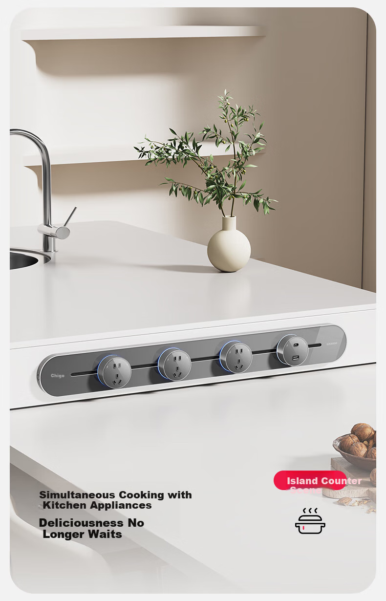 CHIGO Track Socket Tempered Glass Oil-Resistant Kitchen Power Rail Socket Surface Mounted Wall-Mounted Movable Sliding Rail Socket 50cm + 3 Three-Prong Outlets Silver Gray 9