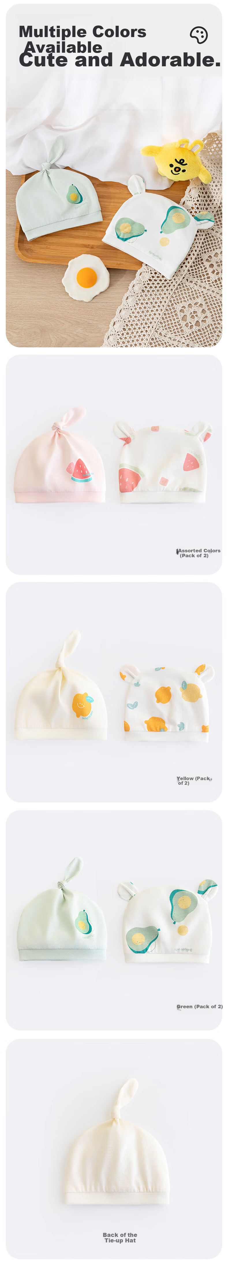 Babyprints Newborn Baby Hats 2-Pack Soft Cotton Summer Thin Infant Cap Pink 3