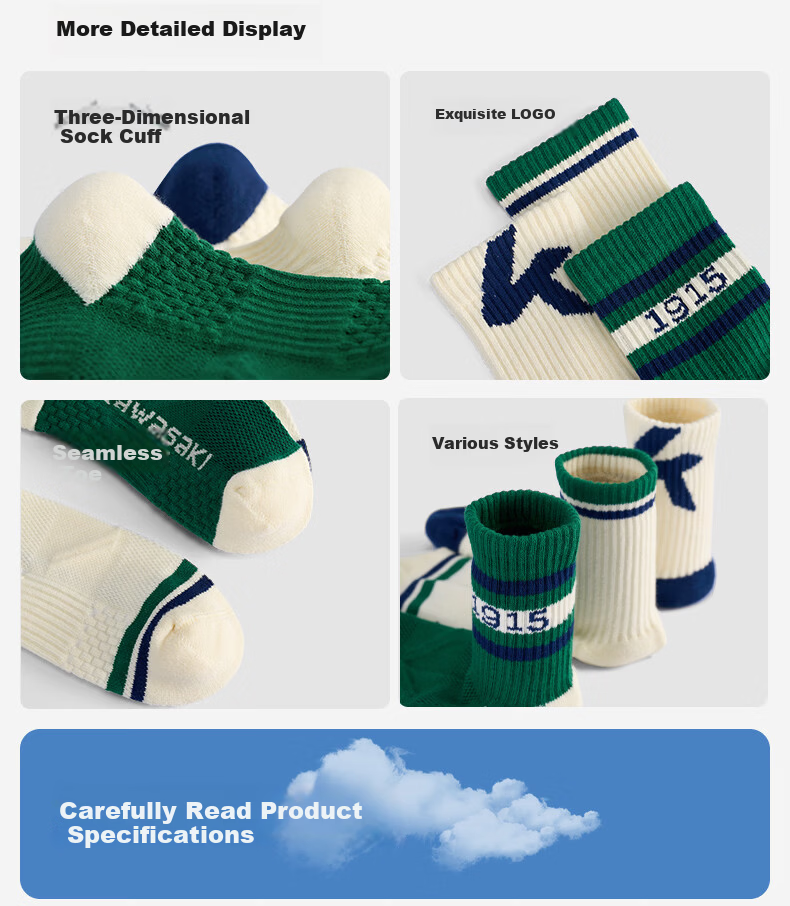 KAWASAKI Badminton Socks Kids Sports Socks Durable Terry Bottom D6401 White Blue/White Green/Vintage Green (3 Pairs) 14