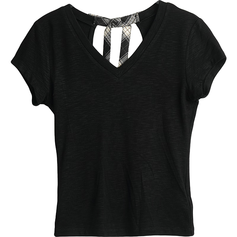 Olrain Eurielle Summer New Classic V-Neck Back Hollow Slim Short Sleeve T-Shirt Women Casual Top Black S