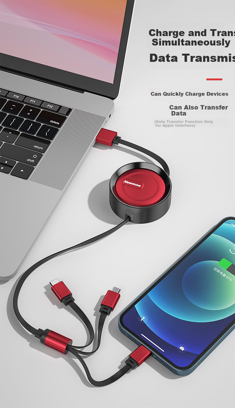 Newmine Type-C PD60W Retractable Fast Charging Cable for Apple iPhone 15/16 Huawei Honor Smartphones Tablets Laptops Gray 4