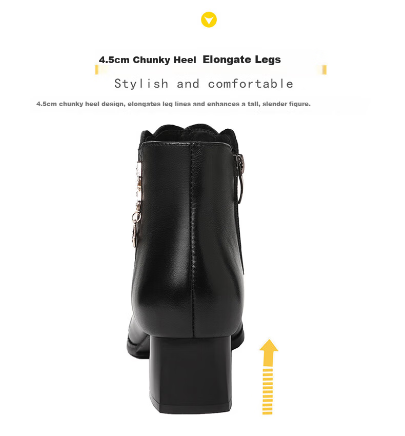 FUGUINIAO Genuine Leather Cowhide Women's Ankle Boots Autumn Winter Fleece Lined Warm Pointed Toe Chunky Heel Fashion Boots Black Size 35 12