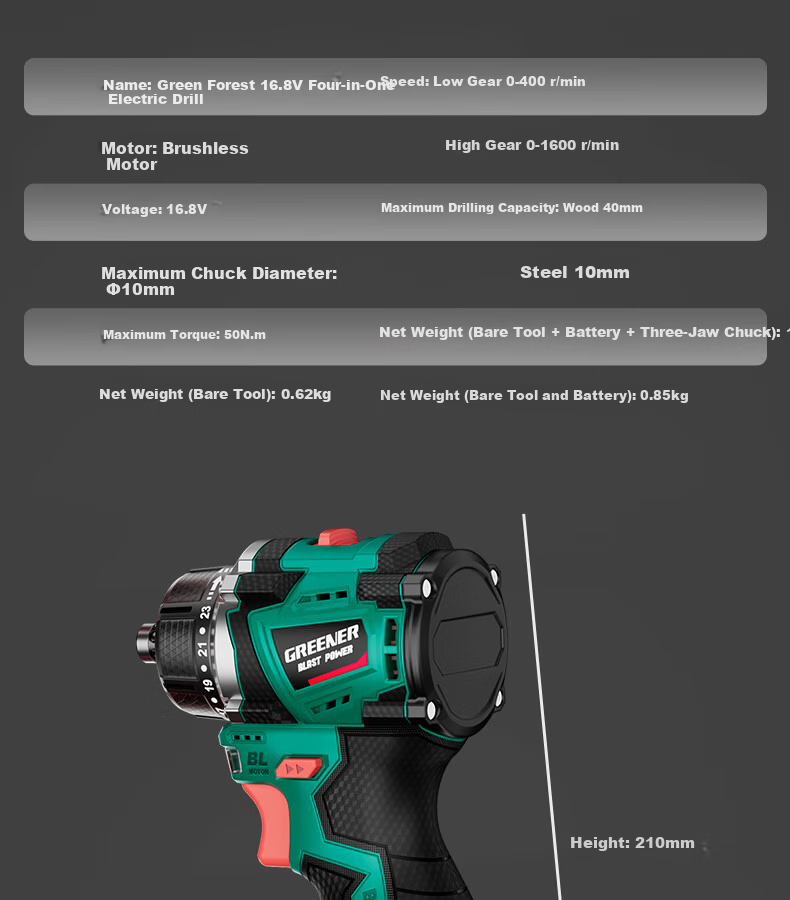 Greenlin 16.8V Brushless Cordless Drill 4-in-1 Multi-Function Lithium Battery Quick-Change Chuck Household Power Handheld Hammer Drill 13