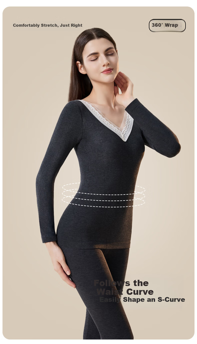 GUJIN Women's Thermal Underwear Set Wool V-Neck Slim Fit Base Layer Autumn Top and Bottom Without Bra 5