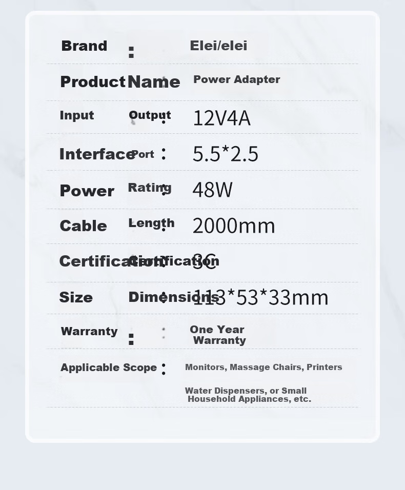 Elei 12V 5A Power Adapter, LED Monitor Power Cable, 3A 4A 5A Hard Drive Charger, Printer, Massage Chair Camera Power Supply, 5.5*2.5/2.1 Universal 5