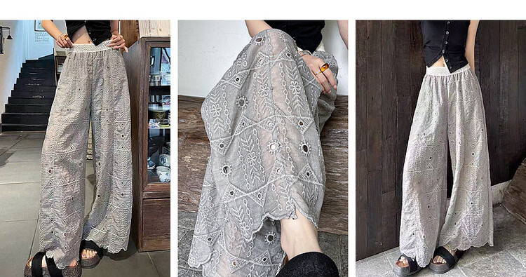 Demana Urban Light Vintage Embroidered Mesh Elastic Waist High-Waist Straight-Leg Slimming Casual Pants for Women 6