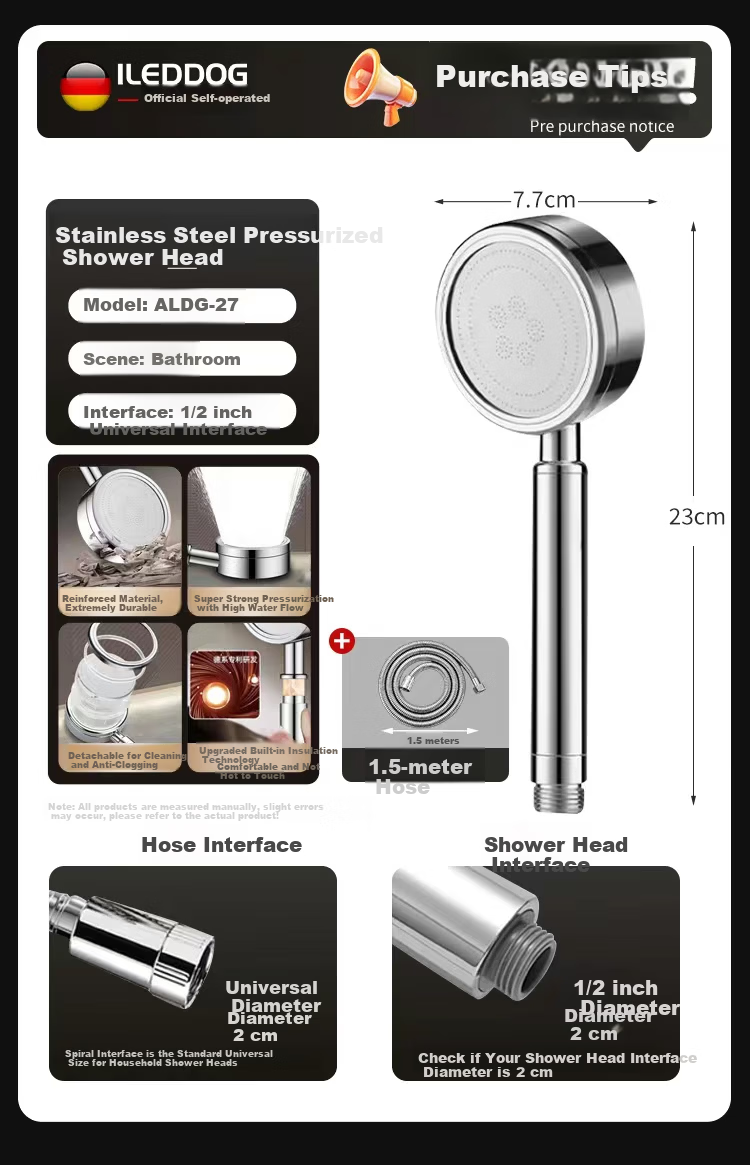 ILeddog 【Germany】304 Thickened Stainless Steel Pressurized Shower Head Bathroom Universal Handheld Shower Spray Two-Piece Set 1
