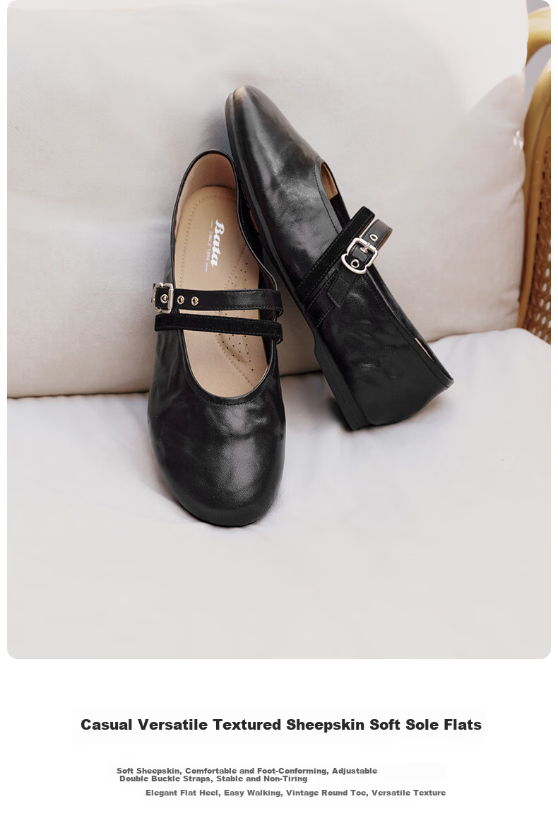Bata Twin Secret Mary Jane Shoes for Women 2026 Spring Casual Lambskin Soft Sole Flats AUO15AQ6 2