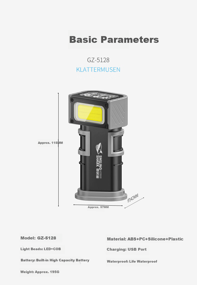 SmileShark GZ-5128 Magnetic LED Flashlight Work Light Automotive Repair High Brightness Rechargeable Long Battery Life Emergency Lamp 11