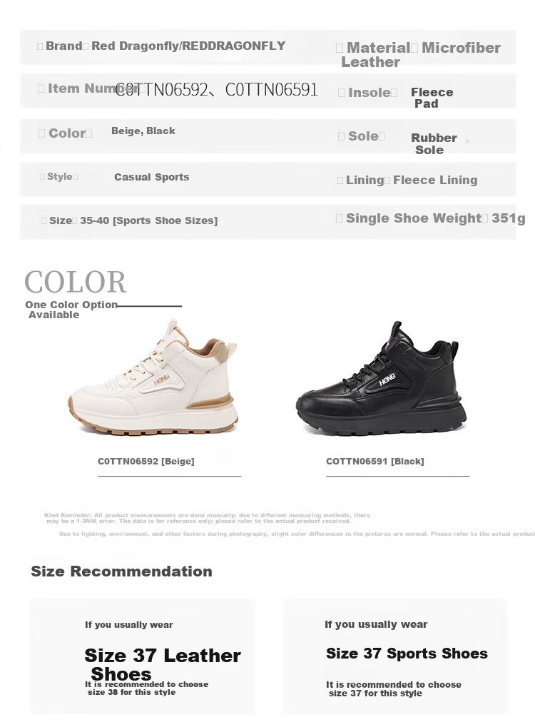 Red Dragonfly Women's Winter Fleece Lined Warm Comfortable Sports Shoes Outdoor Wear-Resistant Lightweight Casual Shoes C0TTN06591 Black Size 36 5
