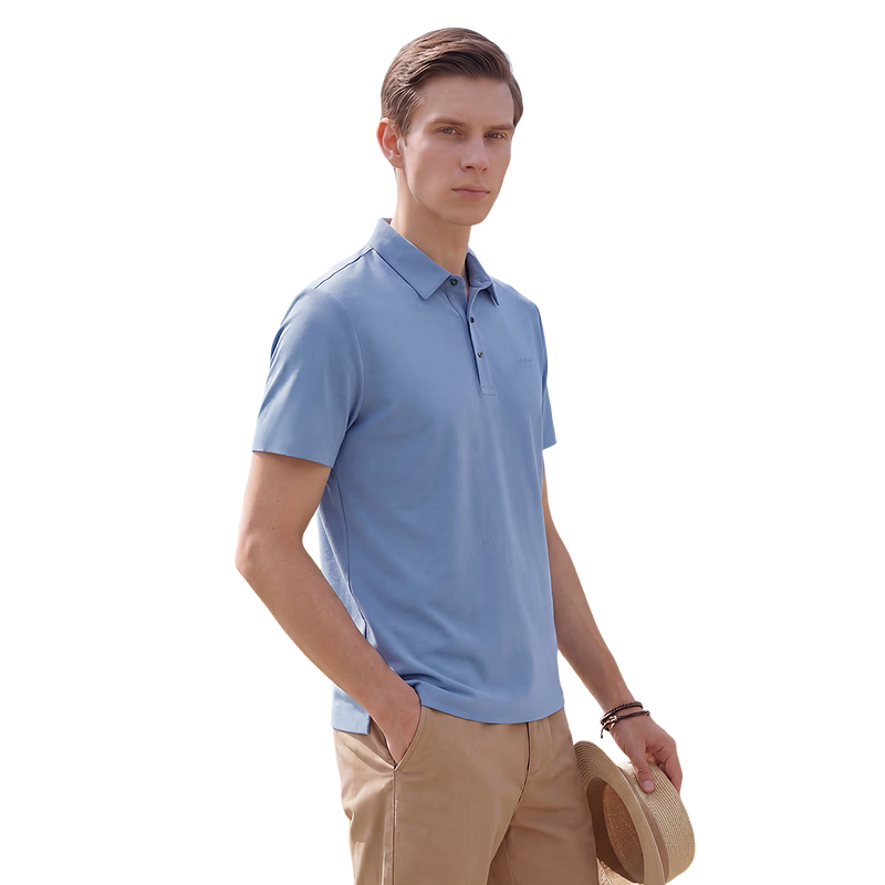 Hodo Red Bean Mulberry Silk Blend Short Sleeve Polo Shirt Men Summer Cool Comfortable Breathable Cotton T-Shirt Men Collared T-Shirt