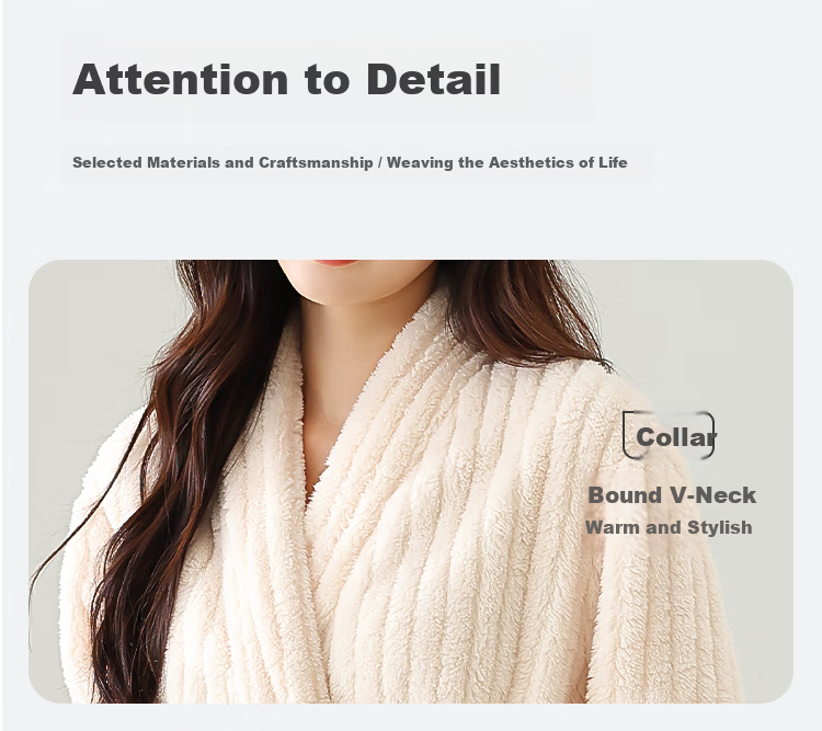 MiiOW [Warm Long Plush] Women's Couple Sleepwear Autumn Winter Striped Long Warm Simple Bathrobe Beige 16