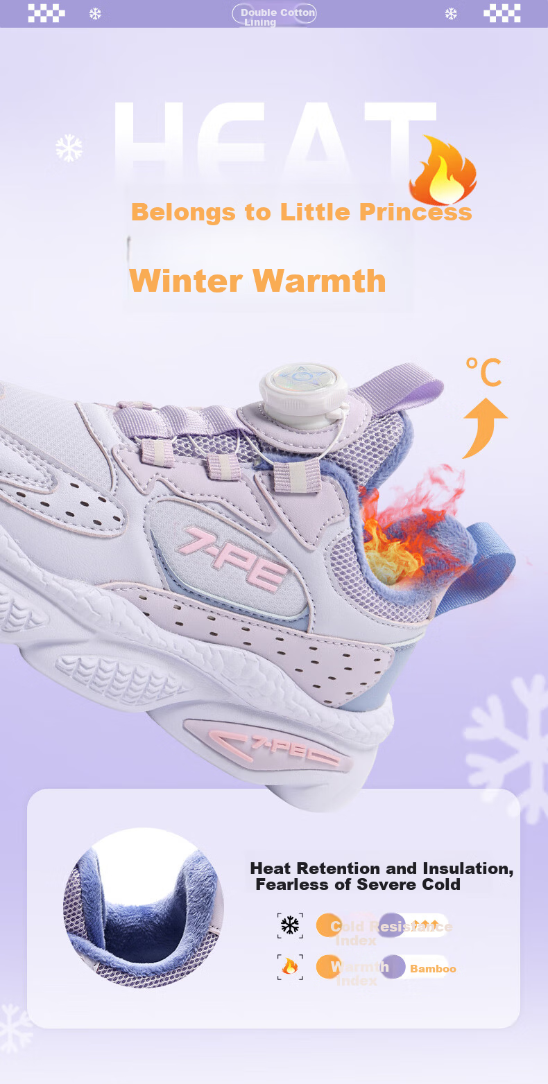 7-PE Girls' Winter 2026 New Plush Lined Double Cotton Shoes Non-Slip Soft Sole Waterproof Leather Children's Sports Shoes 5
