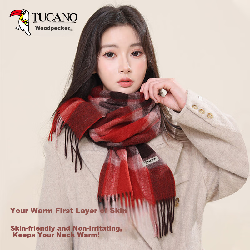 TUCANO Pure Wool Women's Winter Plaid Scarf Warm Shawl Neck Warmer Gift for Girls and Moms New Year Birthday