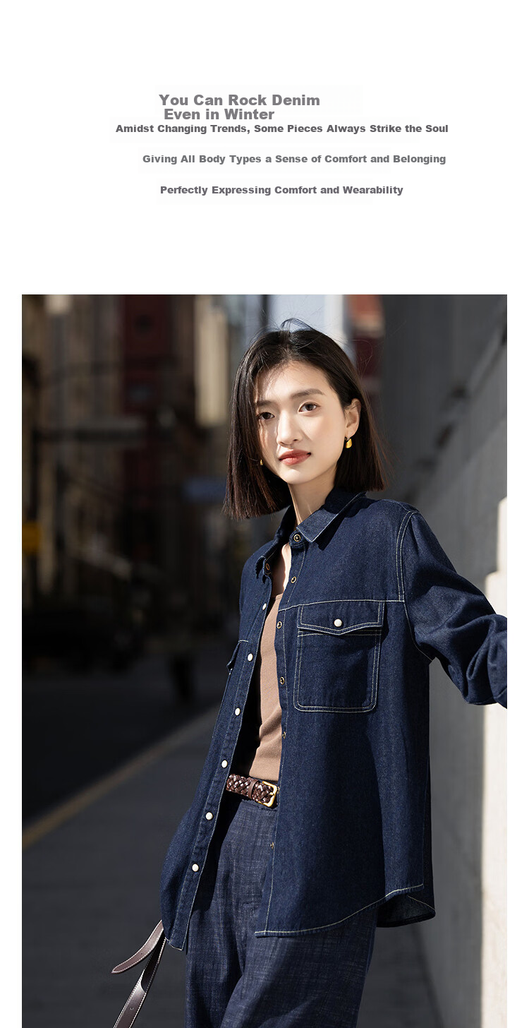Demana [Cloud Oxygen Cotton] Spring Urban Style Contrast Stitching Fleece-Lined Small Size Women's Denim Shirt with Turn-Down Collar 1
