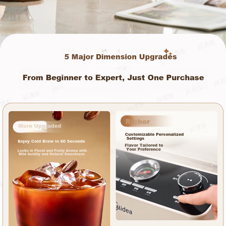 Midea Semi-Automatic Coffee Machine, Cold And Hot Three-Infusion Fully Automatic Grinder All-In Machine, Home Use Bean Grinder, Italian Espresso, Visible Pressure Gauge, GE5810 2