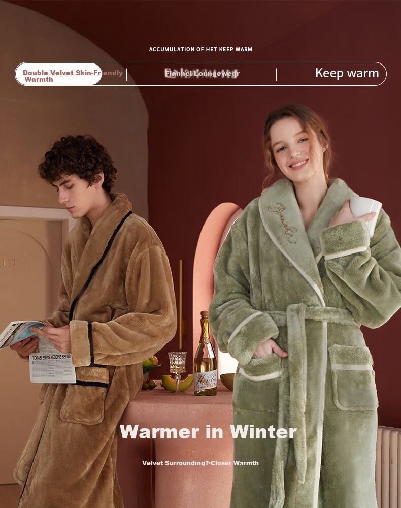 FENTENG Autumn Winter New Thickened Flannel Couple's Long Coral Fleece Bathrobe Men's Pajamas Homewear 1