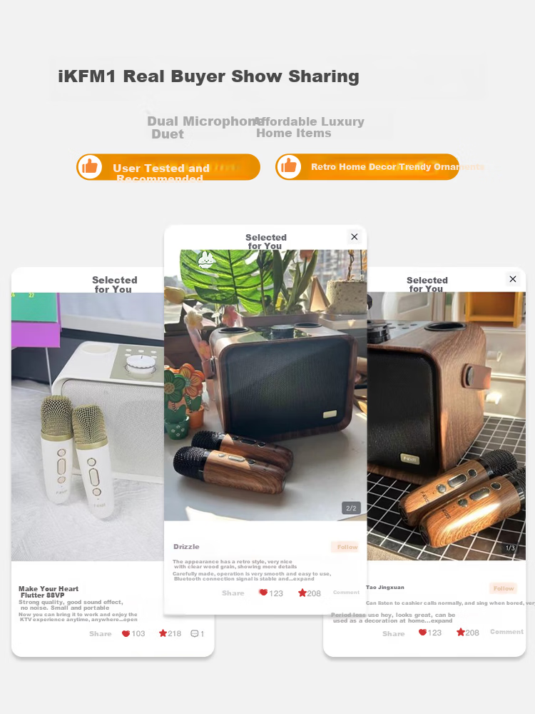 IKF M1 Wireless Karaoke Microphone Speaker All-in-One Home KTV Outdoor Bluetooth Speaker Wood Grain Brown 2