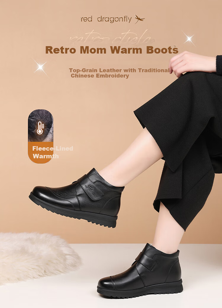 Red Dragonfly Women's Winter Lightweight Fleece-Lined Warm Genuine Leather Fashion Boots Middle-Aged Soft Sole Ankle Boots WTC457631H Black Size 38 1