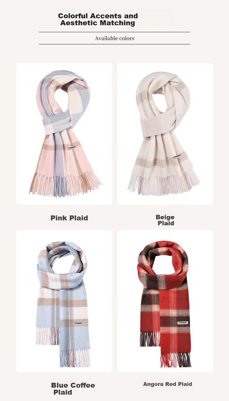 TUCANO Pure Wool Women's Winter Plaid Scarf Warm Shawl Neck Warmer Gift for Girls and Moms New Year Birthday 14