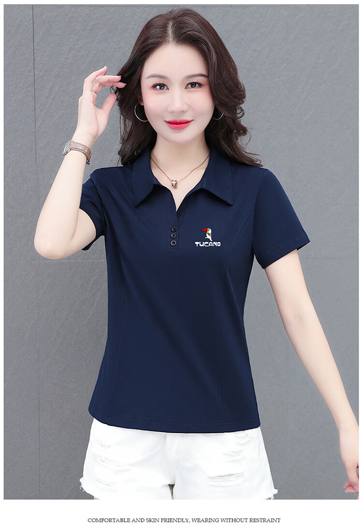 Woodpecker Women's Short Sleeve T-Shirt Pure Cotton Polo Collar Summer Regular Shoulder Slim Fit Casual Sports Half Sleeve Top Wine Red 2XL 15