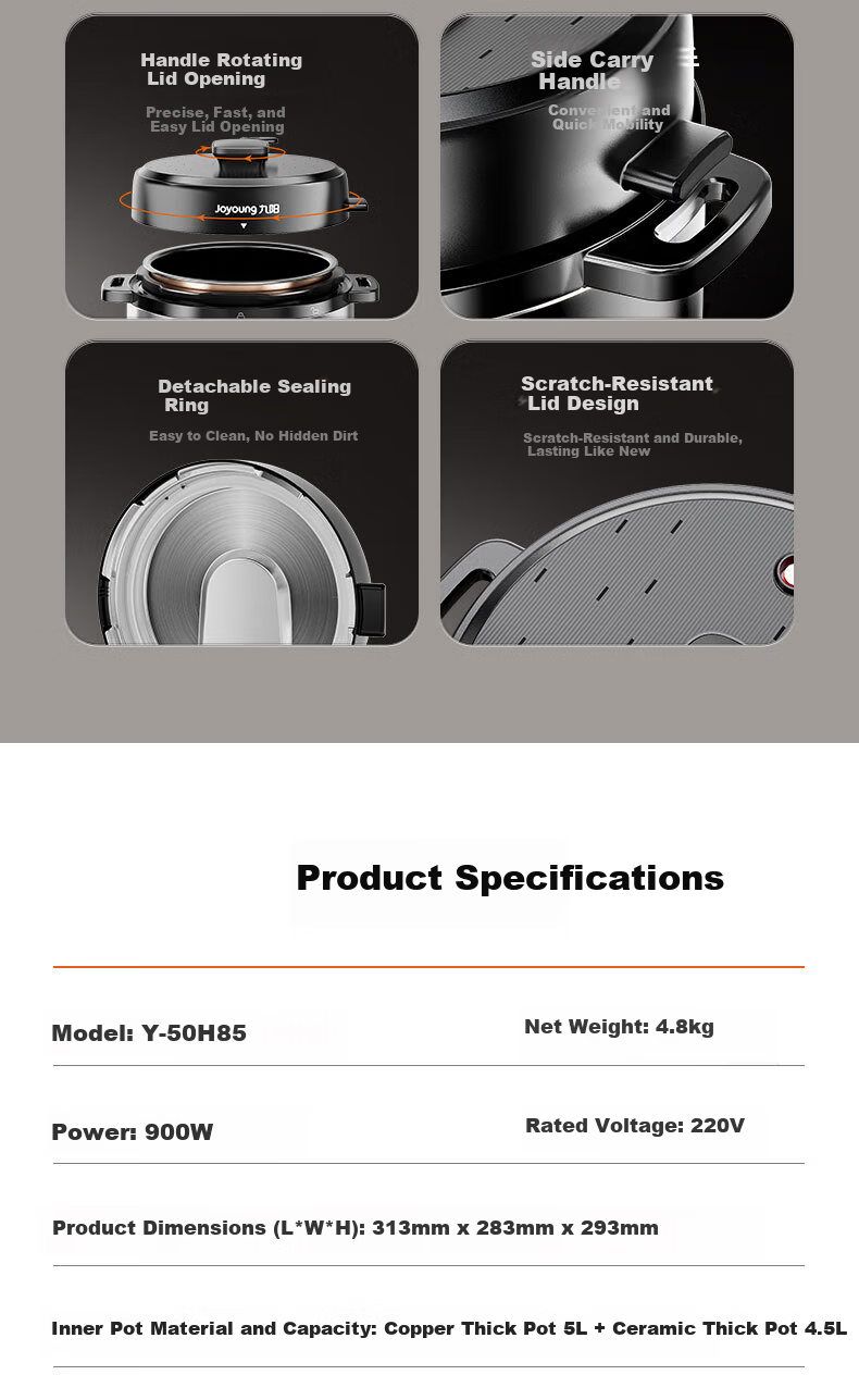 Joyoung ZMD Safe Series Electric Pressure Cooker Smart Heating Timer Dual Inner Pots 5L Y-50H85 10