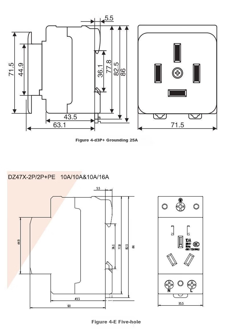 Delixi Electric DIN Rail Socket Five-Hole 10A Modular Socket DZ47X510 Rail-Mounted Distribution Box Socket Multimedia Box Construction Site Socket 8