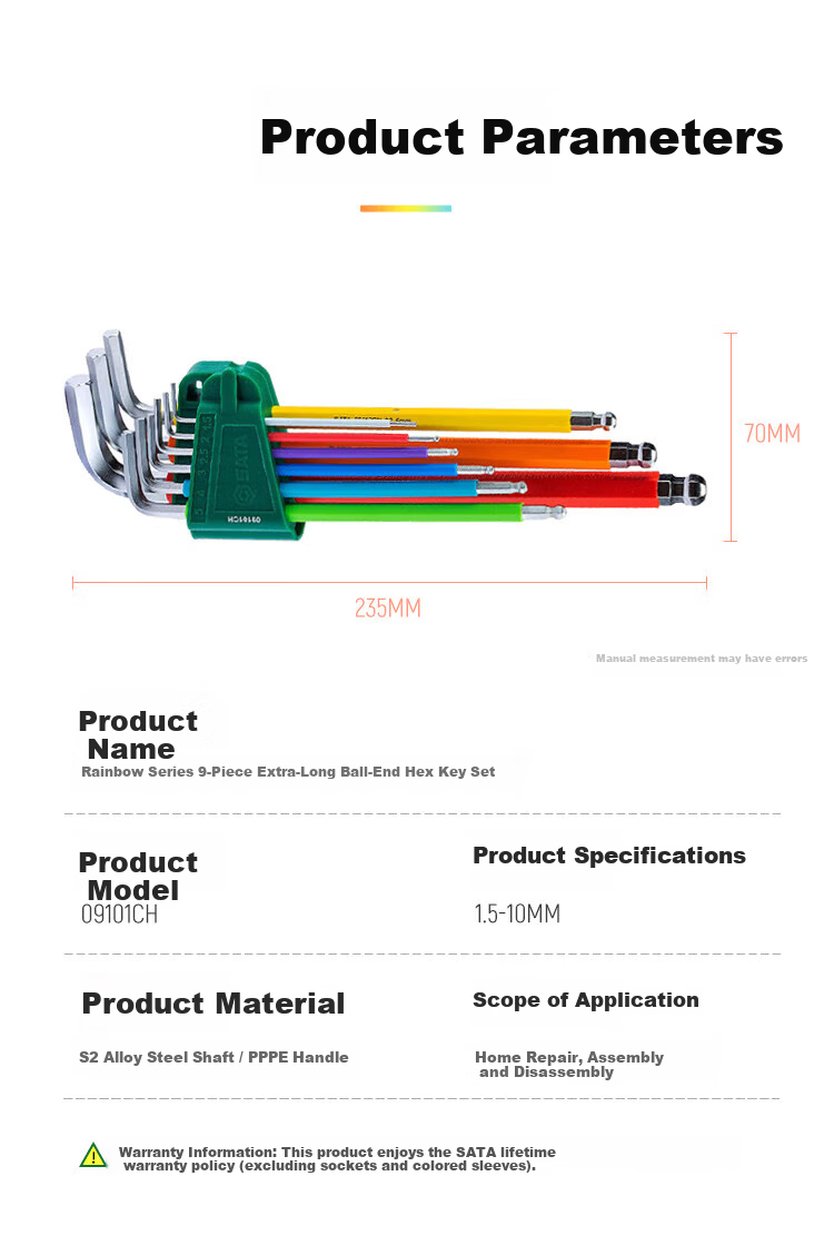 SATA Rainbow Series 9-Piece Extra Long Ball End Hex Key Wrench Set 1.5-10MM 09101CH 7
