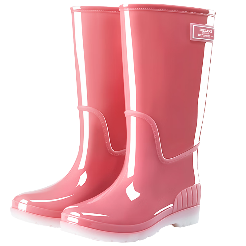 Delixi Electric Fashion Women's Pink High Tube 35CM Adult Rain Boots PVC Integrated Waterproof Non-slip Wear-resistant Water Shoes