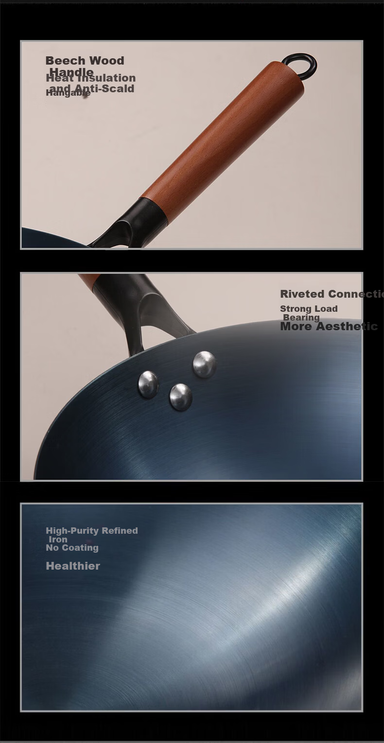 Quanpinwu Cast Iron Stir-Fry Pan Non-Coated Seasoned Non-Stick Round Bottom Large Capacity Gas Stove Wok with Lid 36cm 13