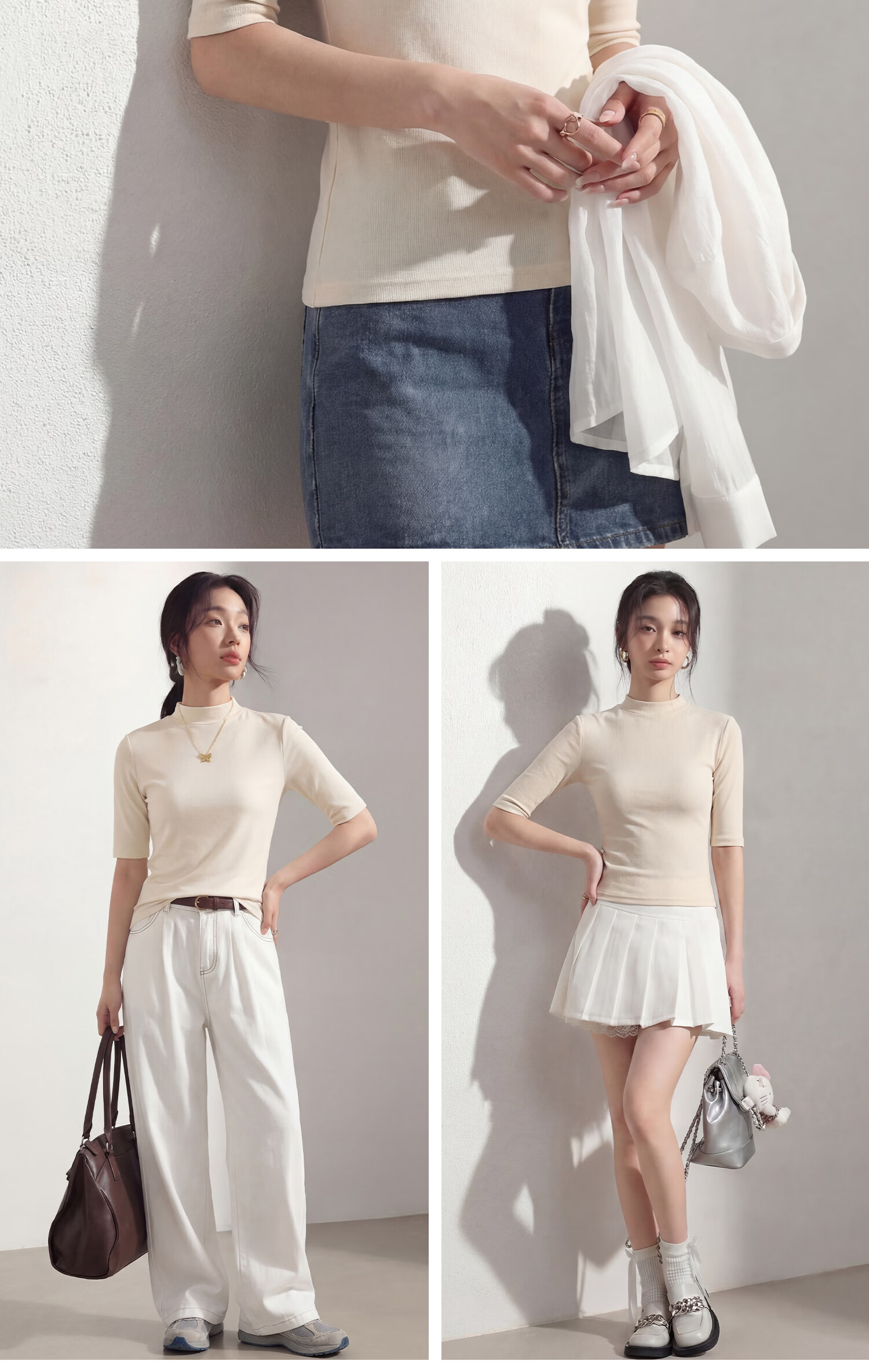 MiiOW [Mulberry Silk] White Mid-Sleeve T-Shirt for Women, 2026 New Spring And Summer Cool Inner Layer, Five-Point Short Sleeve Slim Fit Base Layer 23