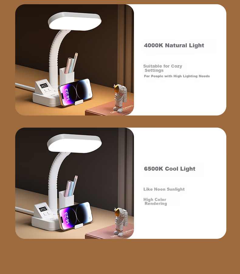 Sushiermo Pen Holder 3-in-1 LED Desk Lamp + Power Outlet + Digital Clock Student Desk Lamp 3-Socket 1.8m Cord Suitable for Dormitory Study Room Bedroom 9