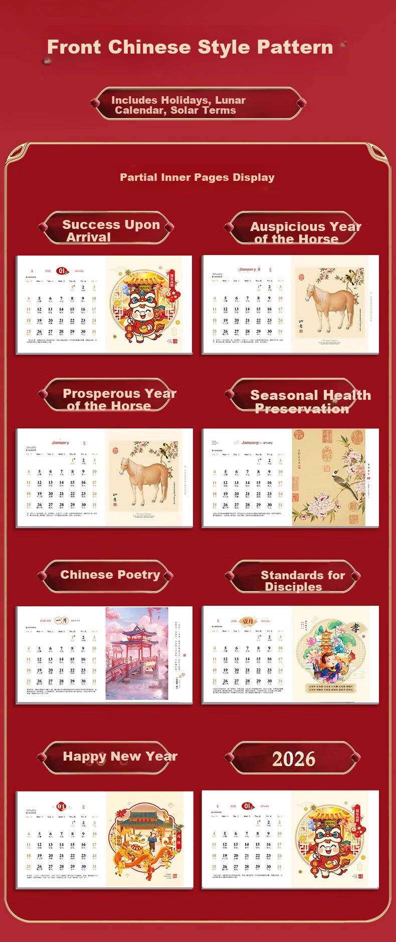 Muulee 2026 Custom Large Chinese Red Festive Triangle Desk Calendar Corporate Gift Business Desktop Calendar Year of the Horse New Monthly Calendar 14