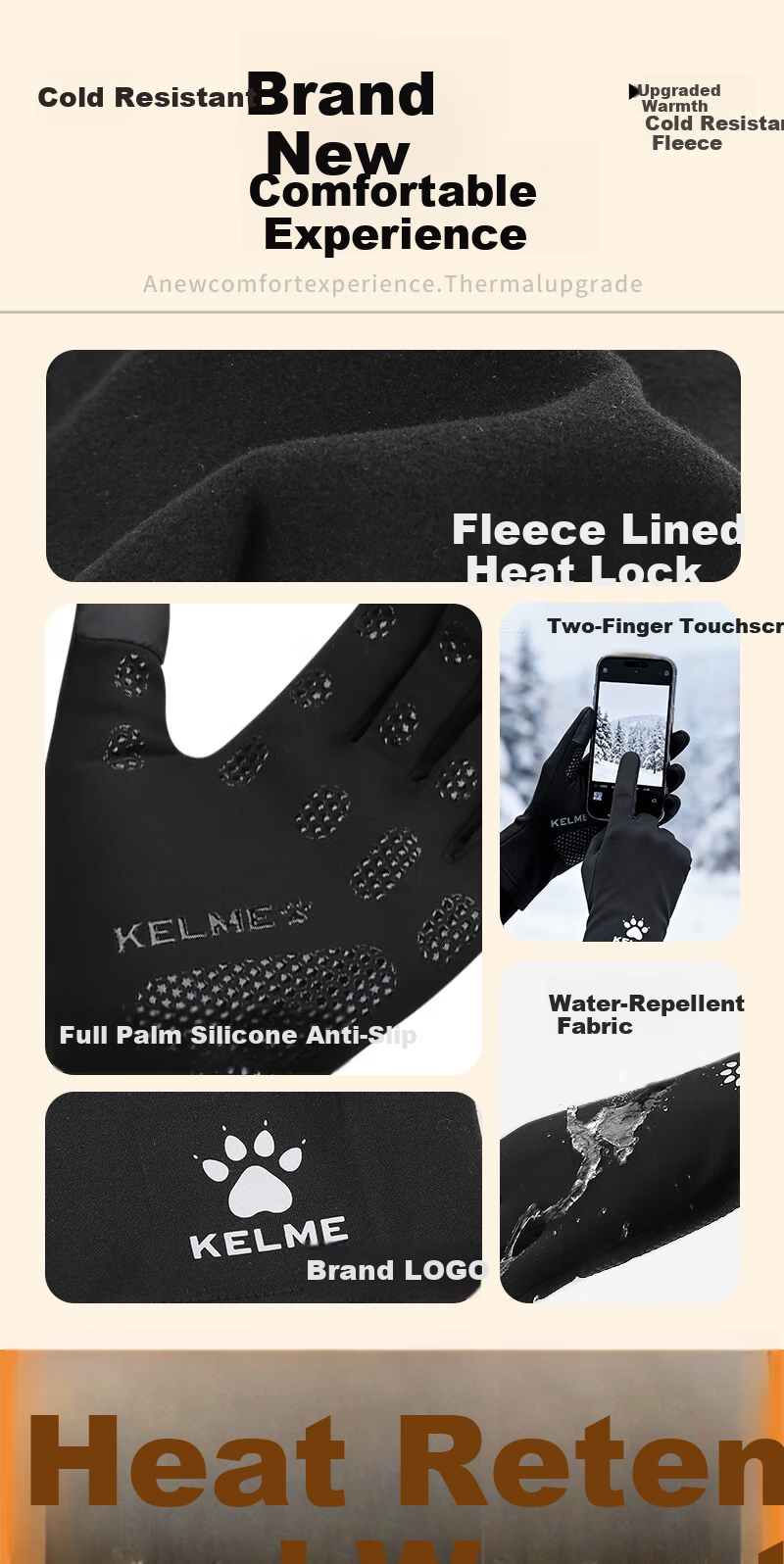 KELME Winter Outdoor Running Cycling Gloves Unisex Warm Fleece Lined Cold Resistant Bicycle Football Training Gloves 3