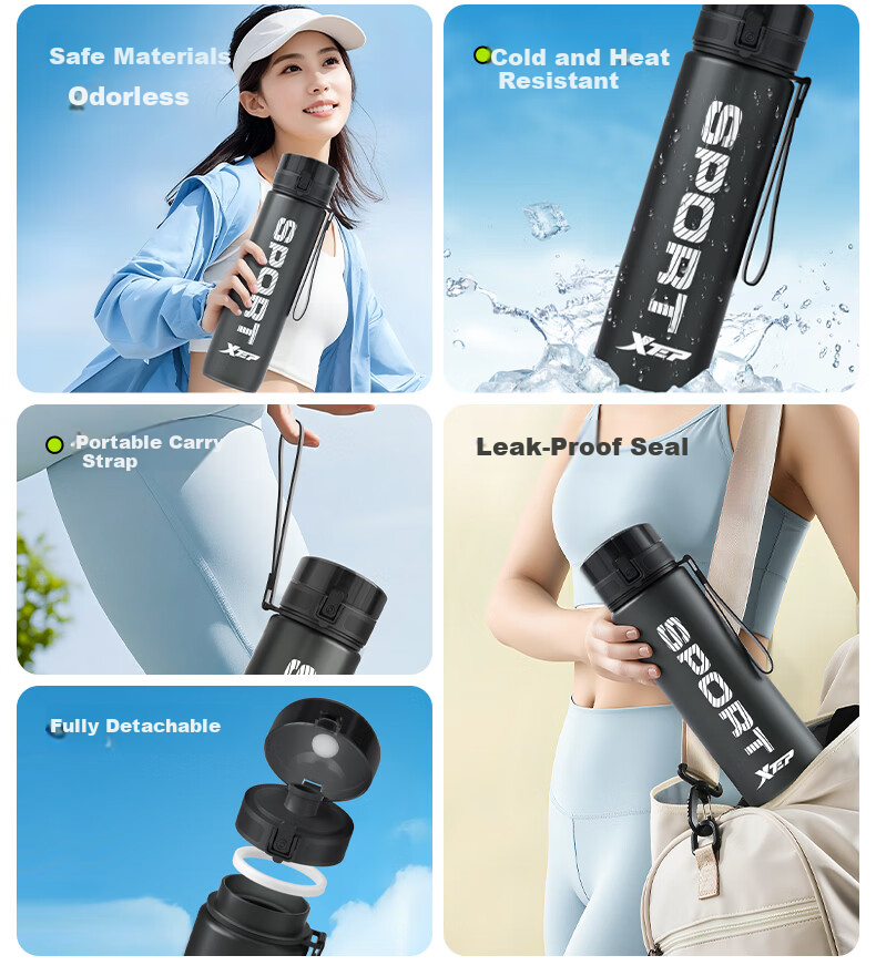 XTEP Sports Water Bottle Large Capacity Student Children School Use Unisex Fitness Portable Bottle High Temperature Resistant Summer Cup Black 9