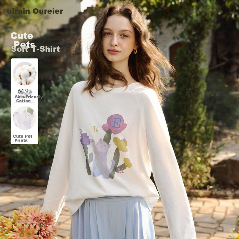 Olrain Casual Fun Cat Print Loose Long Sleeve T-Shirt Women Spring New Round Neck Top White M
