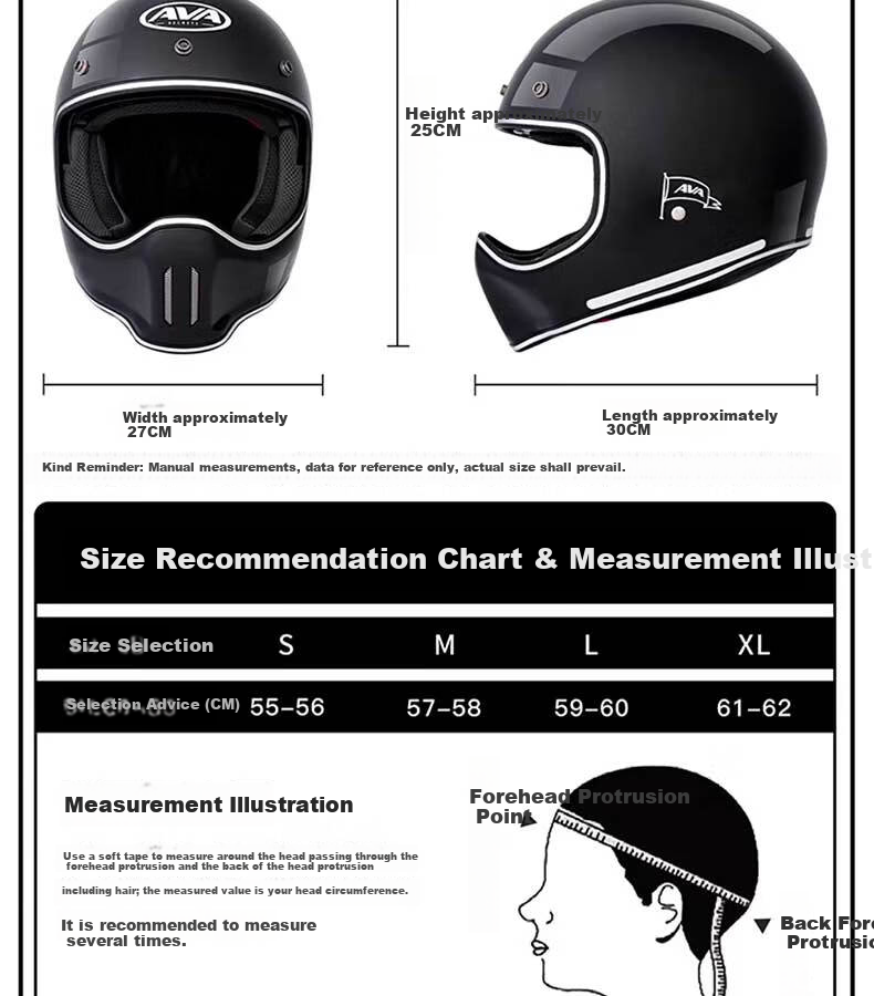 AVA Ranger Motorcycle Retro Full Face Cruiser Helmet Small Shell Off-Road Helmet Unisex Lake Silver M 22