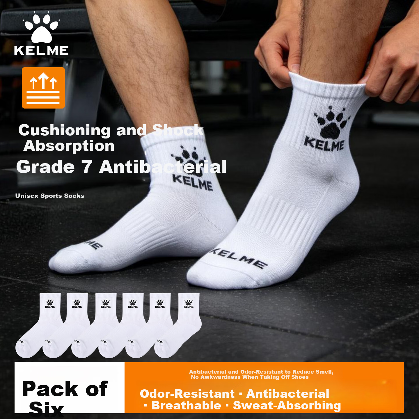 KELME Sports Socks (6 Pairs) Basketball Badminton Running Summer Sweat-Absorbing Odor-Resistant Casual Antibacterial Socks