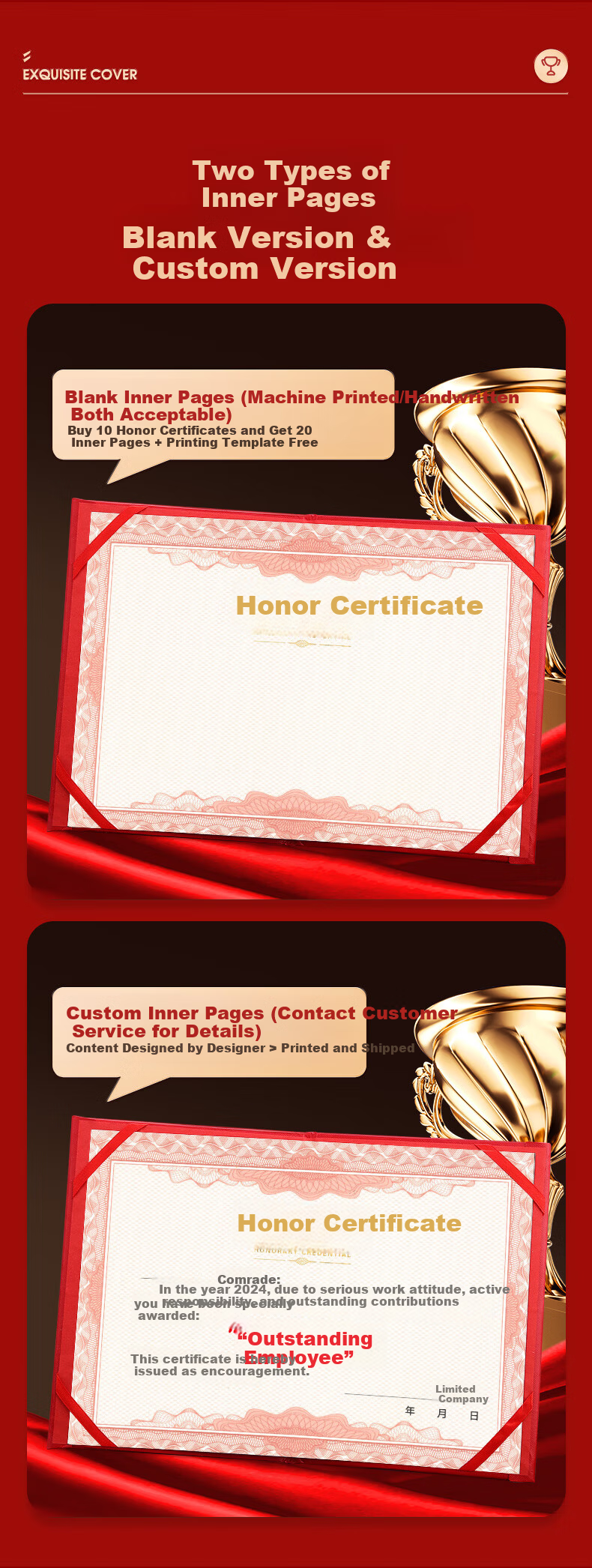 Zhijing Velvet Classic Honor Certificate Cover 12K 10-Pack Customizable Award Certificate Holder with 20 Inner Pages Velvet Award Cover 6
