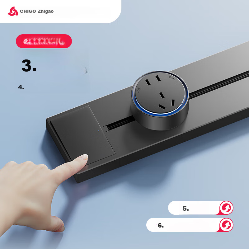 CHIGO Track Socket with Switch Master Control Ultra-thin High Power Cream Style Rail Socket Surface-mounted Movable Kitchen Slide Rail Socket 40cm Track + 3 Three-prong Outlets White