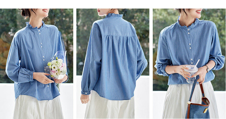Demana [Pure Cotton Whisper] Spring Korean Style Lace Stand Collar Striped Loose Long Sleeve Commuter Shirt Women's Top 6