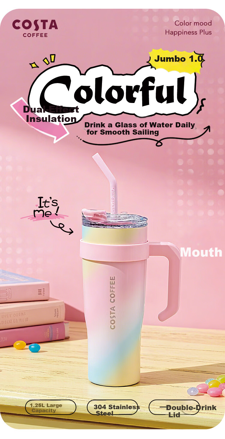 COSTA Giant Insulated Straw Cup Celebrity Edition Women's Water Bottle Large Capacity Ice Mug Holiday Gift 1