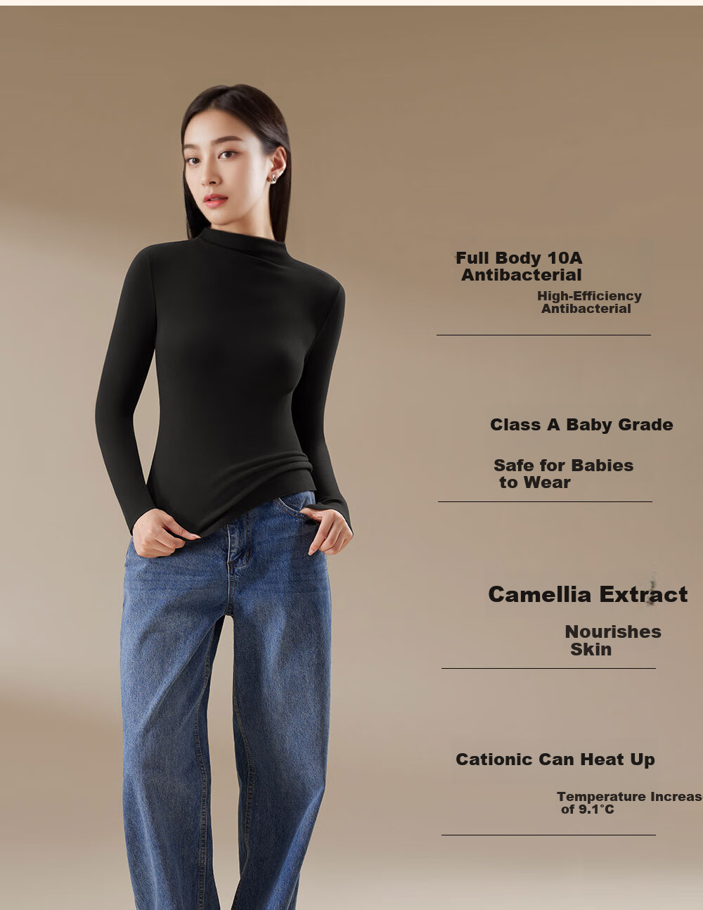 Urban Beauty [Class A Camellia] Women's Thermal Underwear Autumn Winter Antibacterial Half Turtleneck Slim Fit Base Shirt 3