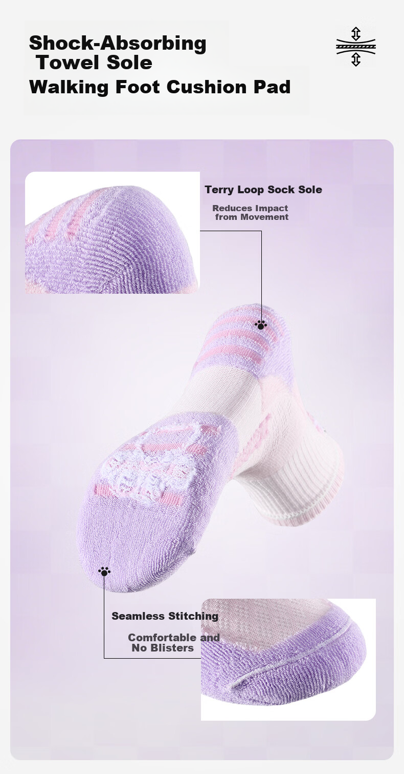 KAWASAKI Kids' Sports Badminton Socks Cute Pet Towel Bottom Wear-Resistant Non-Slip D6611 Pink Purple (3 Pairs) 7