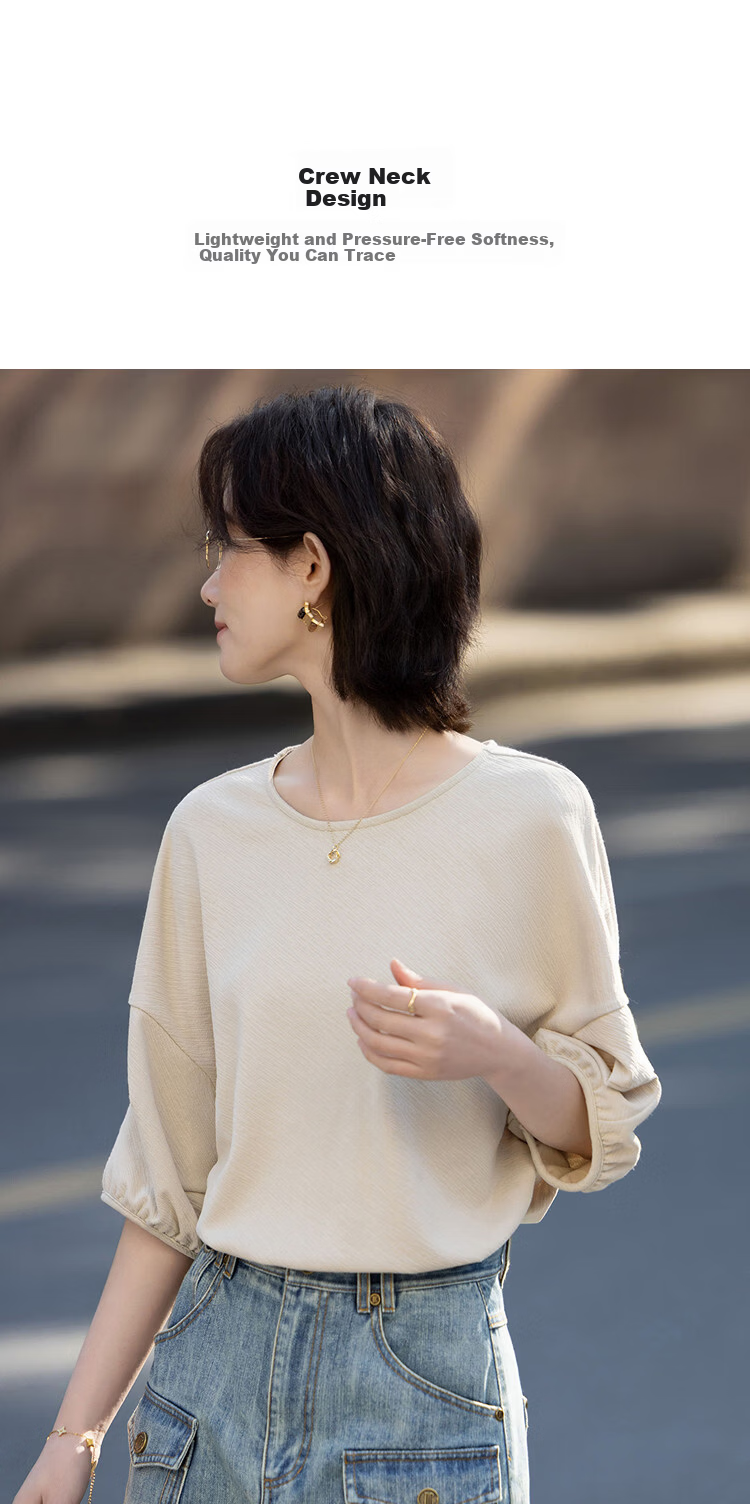 Demana [Relax Channel] Summer Urban Simple Round Neck Half Sleeve Loose Slim Fit Petite Shirt for Women High-End Feel 3