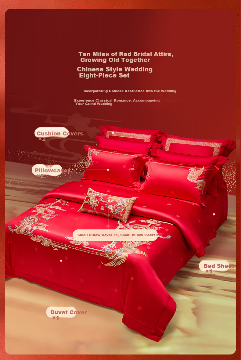 Luolai Home Textile Palace Museum Co-branded Wedding 4-Piece Set 60-Count Cotton Red Bridal Bedding for 1.8m Bed 3