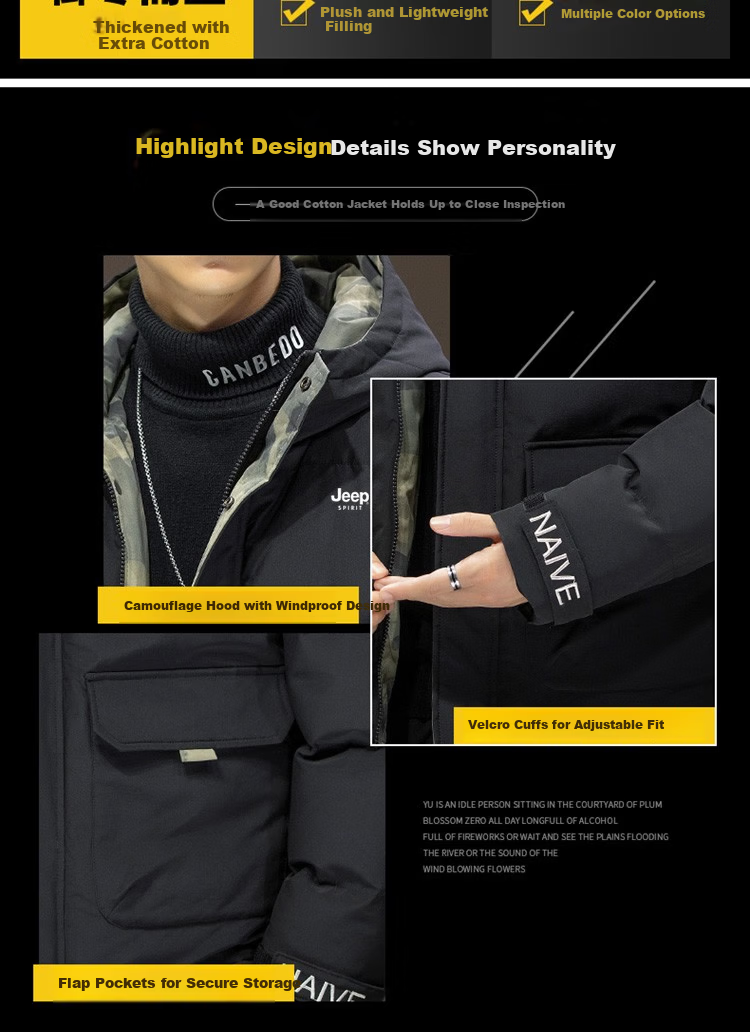 JEEP SPIRIT Men's Cotton Padded Jacket Autumn Winter Thick Warm Hooded Sports Coat Black 2XL 3