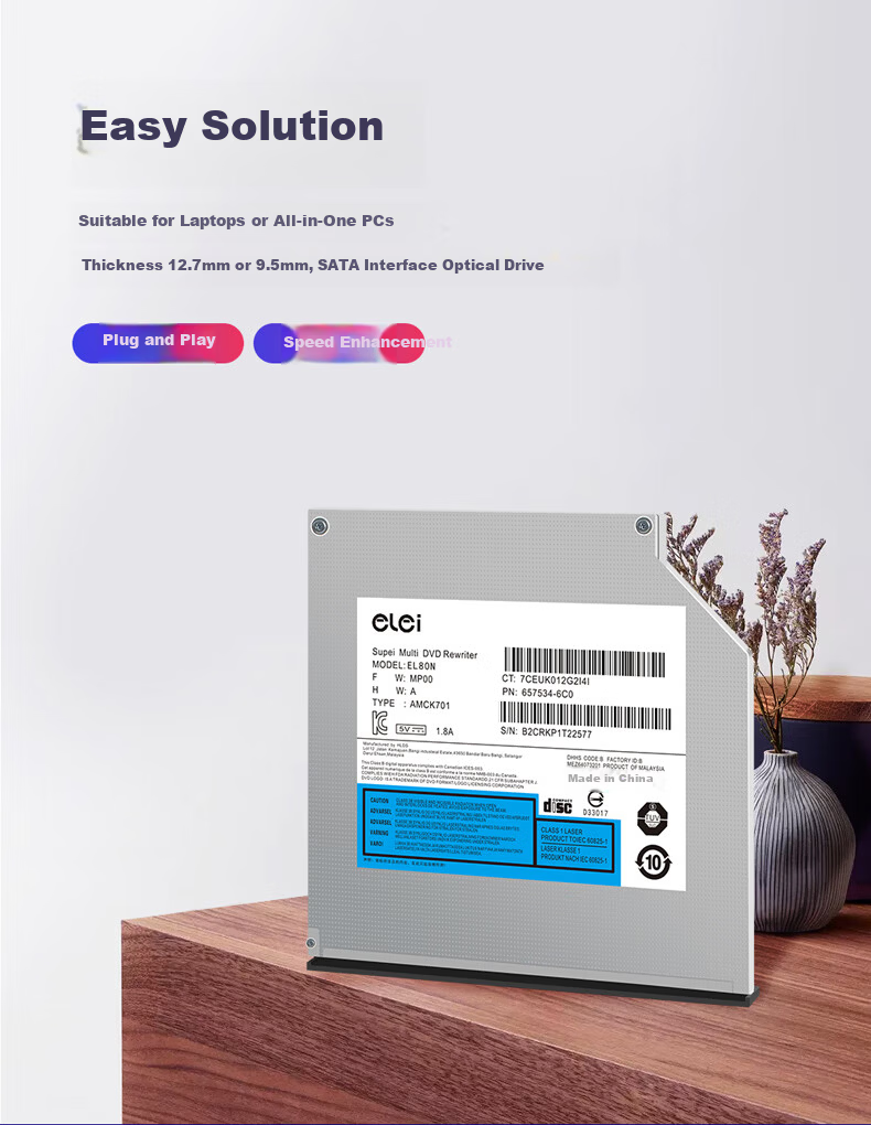 Elei Notebook Optical Drive Combo Burner Mechanism Internal Optical Drive 9.5mm Thickness SATA Interface EL80N23 Compatible with Lenovo HP Haier Hasee Dell 7