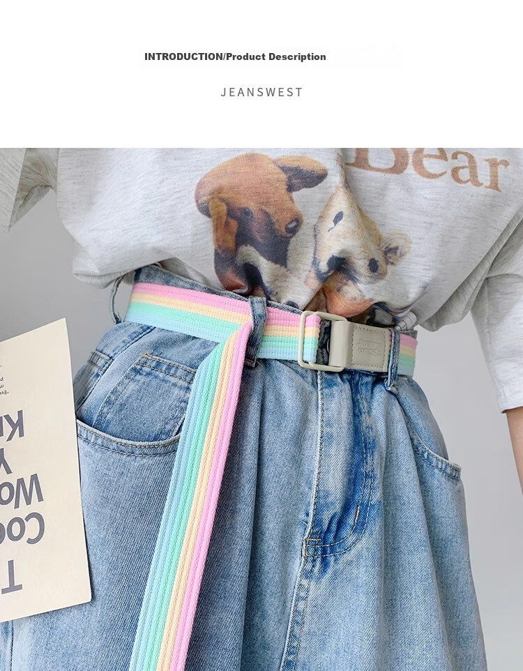 JEANSWEST Colorful Canvas Belt Trendy Versatile Fashion Decorative Ins Double Ring Student Military Training Leather Belt for Jeans 3