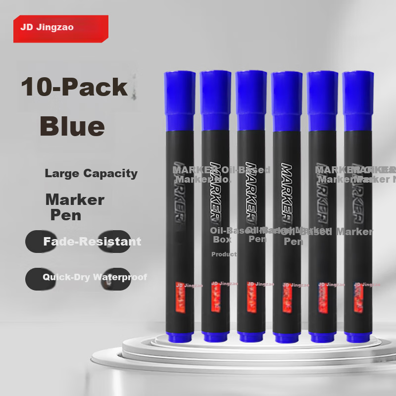 JD Jingzao Popular Oil-Based Marker Pen Blue 10-Pack Fast-Drying Waterproof for Logistics and Office Use